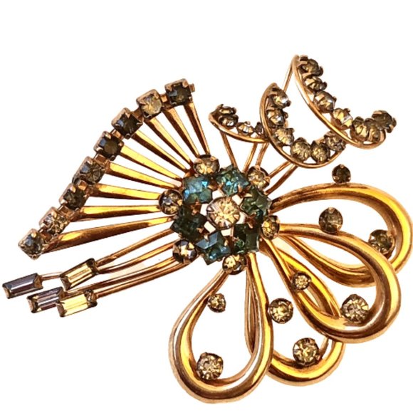 M&S Rhinestone Bow Brooch 1/20 12K Gold Filled Vintage Signed 1950s - Picture 6 of 16